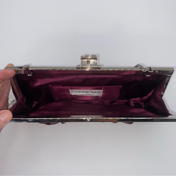 Gunne Sax Satin Pleated Burgundy Evening Bag Clutch with Silver Chain Hardware - Picture 5 of 12